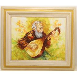 Oil on Canvas Bearded Man Playing a Lute