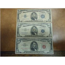 1934-A & 53-A $5 SILVER CERTS & 1963 $5 NOTE
