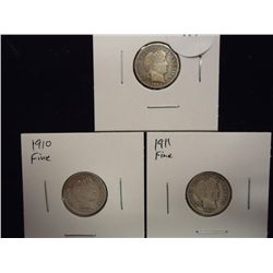 1908, 10 & 11 BARBER DIMES ALL FINE