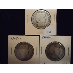 1908-D,08-S & 08-O BARBER HALF DOLLARS