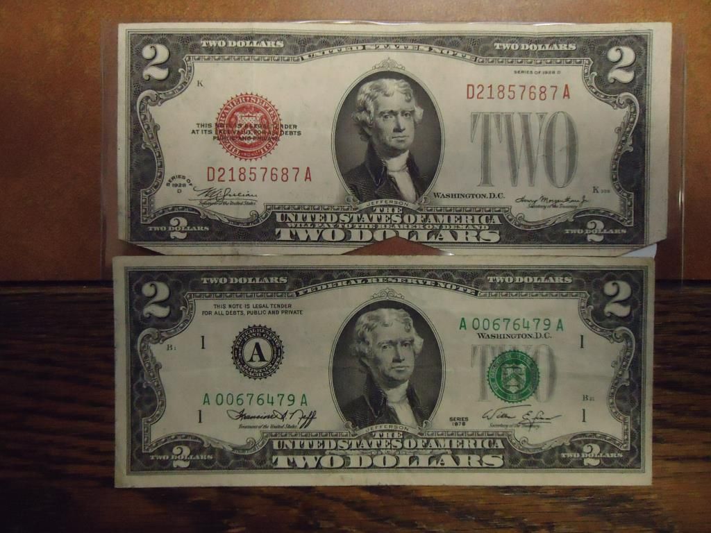 1928-D $2 US NOTE & 1976 $2 FRN (AS SHOWN)