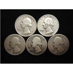 5 ASSORTED 1940'S & 50'S WASHINGTON SILVER 1/4'S