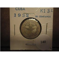 1932 CUBA SILVER 20 CENTAVOS (BETTER DATE)