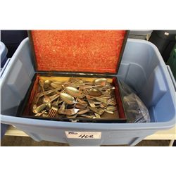 PARTIAL RUBBERMAID CONTAINER WITH SILVER PLATED FLATWARE