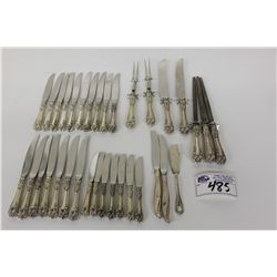 LARGE LOT OF STERLING HANDLE KNIVES, SHARPENERS AND SERVING FORKS