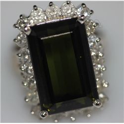 14K GOLD EMERALD CUT GREEN TOURMALINE AND DIAMOND RING