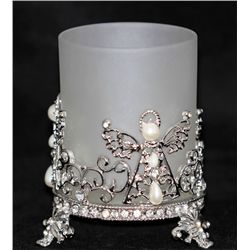 SILVER CANDLE HOLDER WITH ANGELS; WIDE 3.02IN; HEIGHT 3