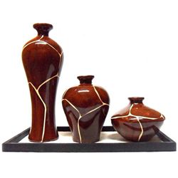 DECORATIVE  WOOD-LIKE CLAY CANDLE VASES SET