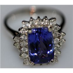 14K GOLD EMERALD CUT TANZANITE AND DIAMOND RING