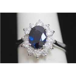 14K GOLD OVAL BLUE SAPPHIRE AND DIAMOND RING