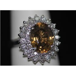 14K GOLD OVAL ZIRCON AND DIAMOND RING