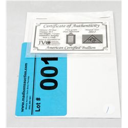 Certified .999 Solid Platinum Bar