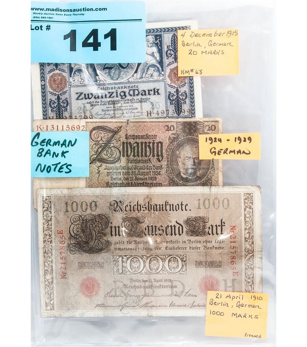 3 german bank notes 1910-1929