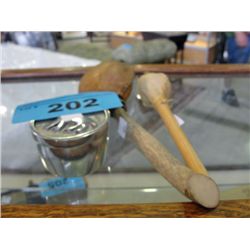 2 native rattles and a lidded metal box