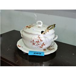 3pc russian porcelain soup tourine with brass