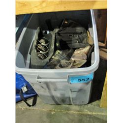 Blue rubbermaid container of assorted tools hard