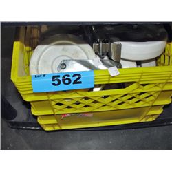 Yellow milk crate filled with heavy duty casters