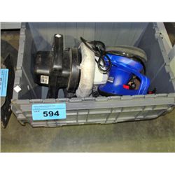 Grey plastic storage tote with assorted tools