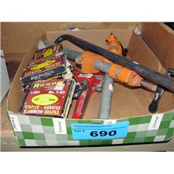 2 furniture clamps, crow bar, 4 pipe wrenches