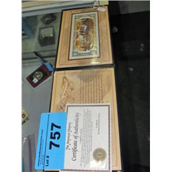 American colorized 2 dollar bill with certificate