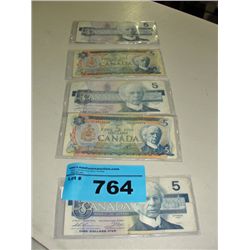 Lot of 5 royal canadian mint 5 dollar bank notes