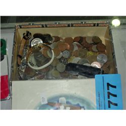 Cigar box filled with assorted world coins and
