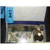 Image 1 : Blue box with assorted polished stones and costume