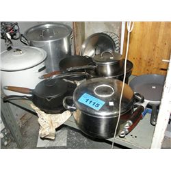 Shelf lot of assorted cookware
