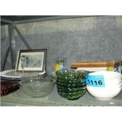 Shelf lot of glasswares and household items
