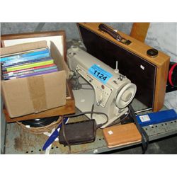 Shelf lot of misc household items; sewing machine,