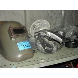 Shelf lot of assorted tools, 2 welders helmets etc