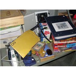 Shelf lot of misc items; christmas card album,