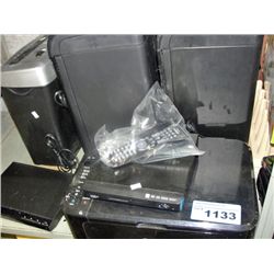 Shelf lot of electronics; dvd players, paper