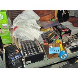 Shelf lot of misc items; board games, binoculars