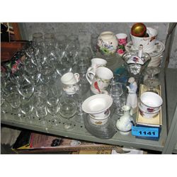 Shelf lot of glassware, misc and decorative