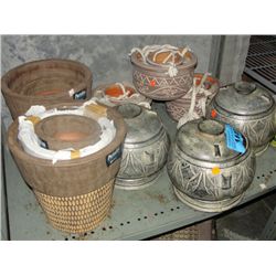 Shelf lot of ceramic planters and lidded container