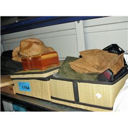 Shelf lot of misc boxes,cowboy hats, leather
