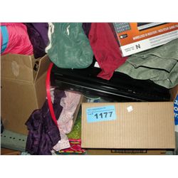 Shelf lot of misc household; clothing,electronics