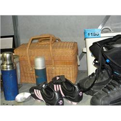 Shelf lot of misc; vintage thermoses, picnic