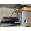 Image 1 : Shelf lot of home electronics; speaker and 2 turn