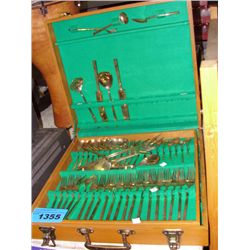 Large brass cutlery set with wooden case