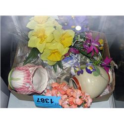 Box of assorted artificial flowers, ceramic vases