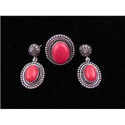 Red Coral 3 Pc Sterling German Ring & Earrings Set