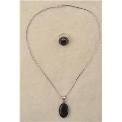 Black Onyx 2 Pc Sterling Ring, Pendant Necklace Set