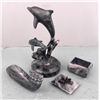 Image 2 : 3 Carved Marble Fish, Bird Box Metal Dolphins Sculpture