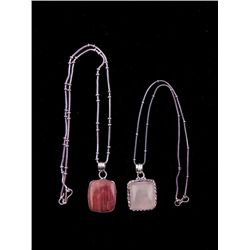 2 Sterling Square Rose Quartz Agate Pendants, Necklaces
