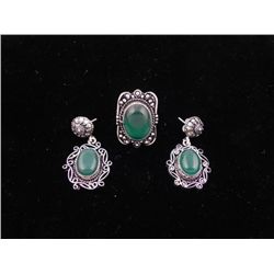 Green Onyx 3 Pc Sterling German Ring & Earrings Set