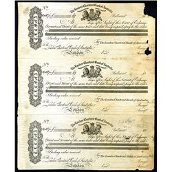London Chartered Bank of Australia, 1860 Uncut Sheet of 3 Proof Bills of Exchange from "Ballaarat Br