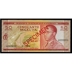 Banque Nationale Du Congo, 50 Makuta, 1970 Issue Specimen.