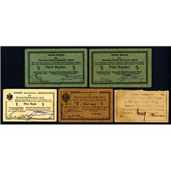 Deutsch-Ostafrikanische Bank, 1915-17 Emergency WWI Issue, Group of 5 Issued Banknotes